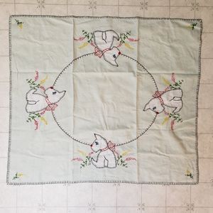 Cute Vintage Dog Linen Embroidered Table Cloth